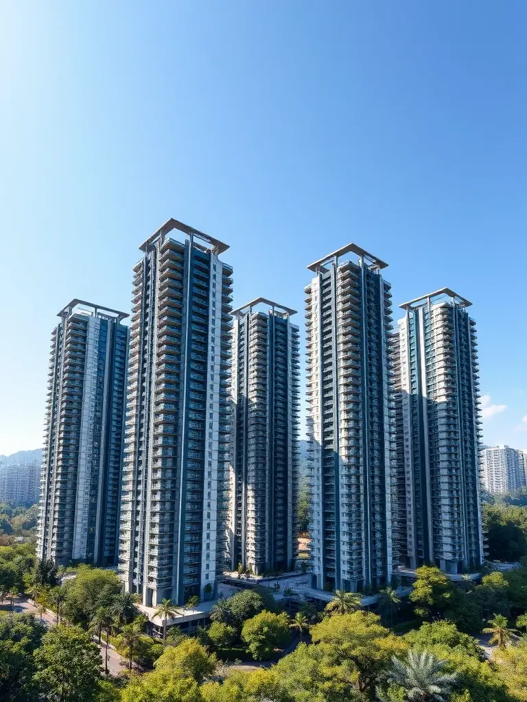 A high-angle, daytime photograph showcasing the five modern residential towers of Springleaf Residence, set against a backdrop of lush greenery and clear blue skies, emphasizing the development's integration with nature.