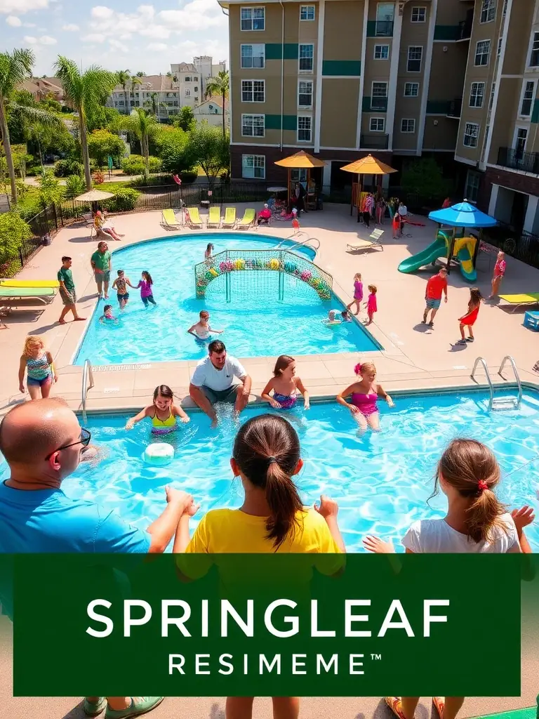 A photograph of a family enjoying the recreational facilities at Springleaf Residence, such as the swimming pool or playground, illustrating the family-friendly atmosphere of the development.