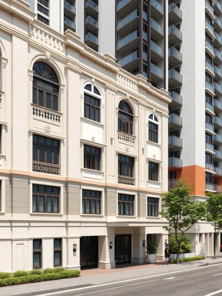 A detailed architectural rendering highlighting the conserved facade of the former Upper Thomson Secondary School, seamlessly integrated with the modern design of Springleaf Residence.