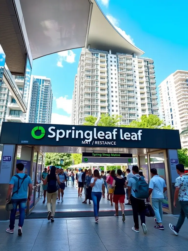 A brightly lit, modern photograph of the Springleaf MRT station entrance, with people entering and exiting. The Springleaf Residence condo development is visible in the background.