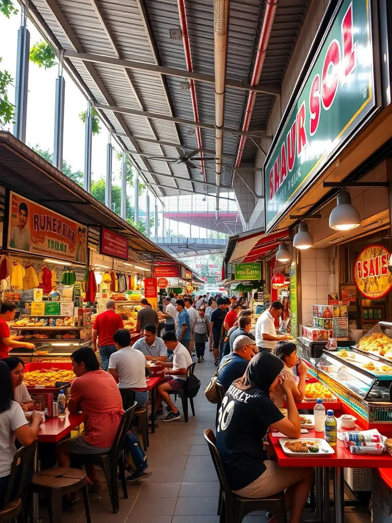 A vibrant, daytime photograph of a local hawker center near Springleaf Residence, showcasing a variety of Singaporean dishes. People are seen enjoying their meals.